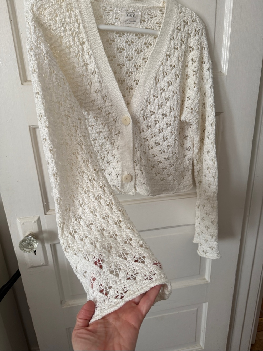 Zara White Crochet Open-Knit Button Cardigan